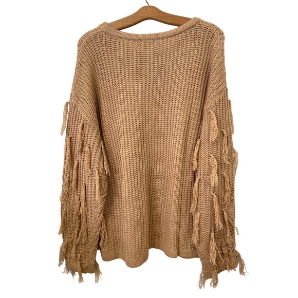 Annie Wear Fringe Tassel Round Neck Loose Fit Sweater Womens XL Camel Knit NEW - Picture 3 of 10
